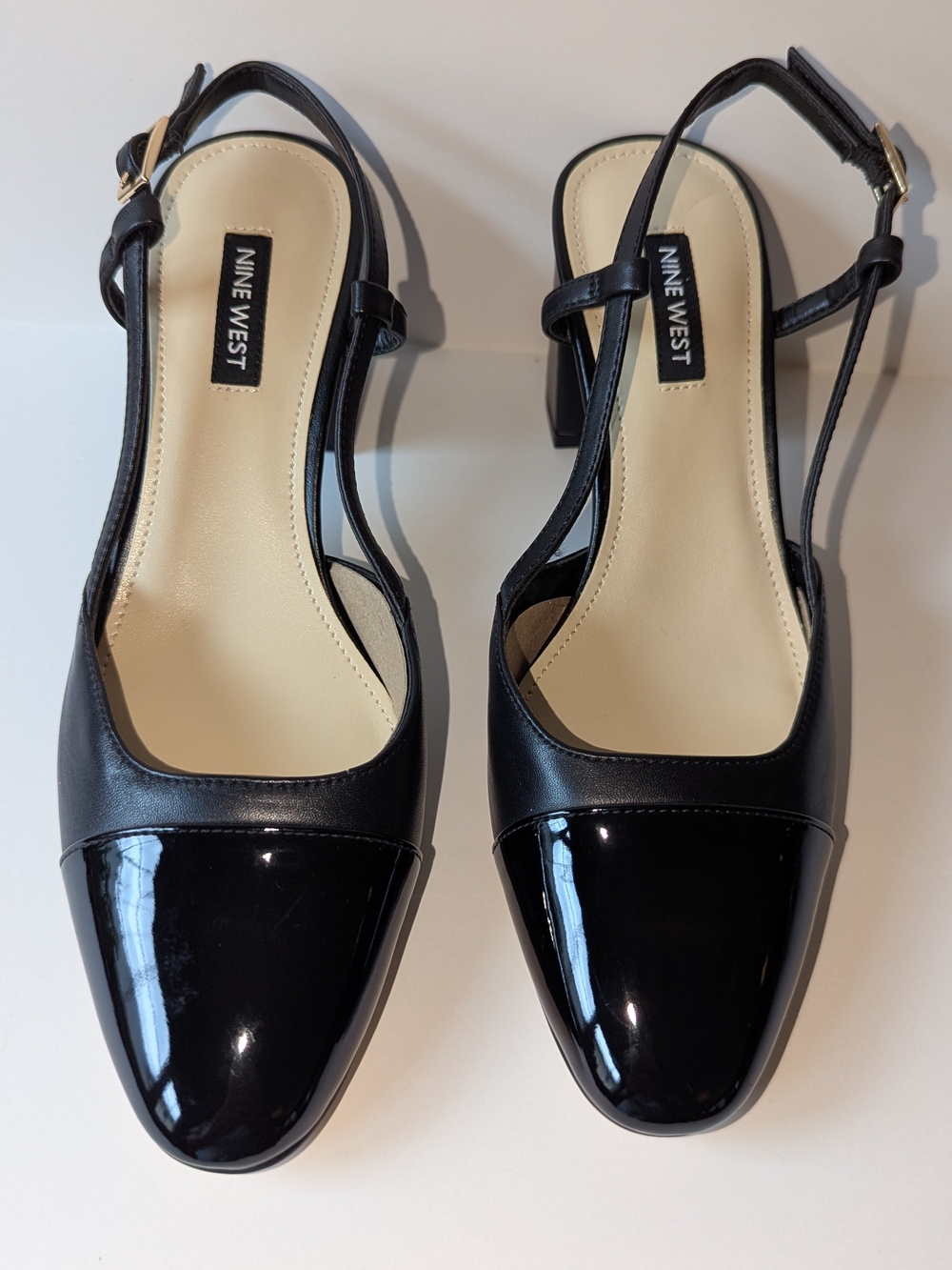 NWOT Nine West Black Slingback Patent Cap-Toe Block Heels